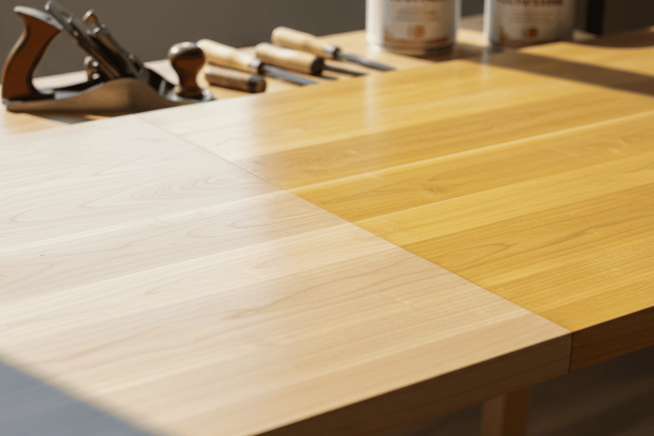 Light and dark wood boards on a workbench with hand tools and finish cans, showing yellowing from oil-based finish.