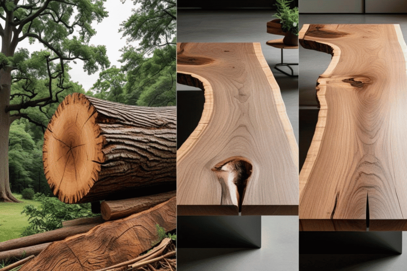Wood log transformed into a polished wooden table, showcasing natural grain and texture.