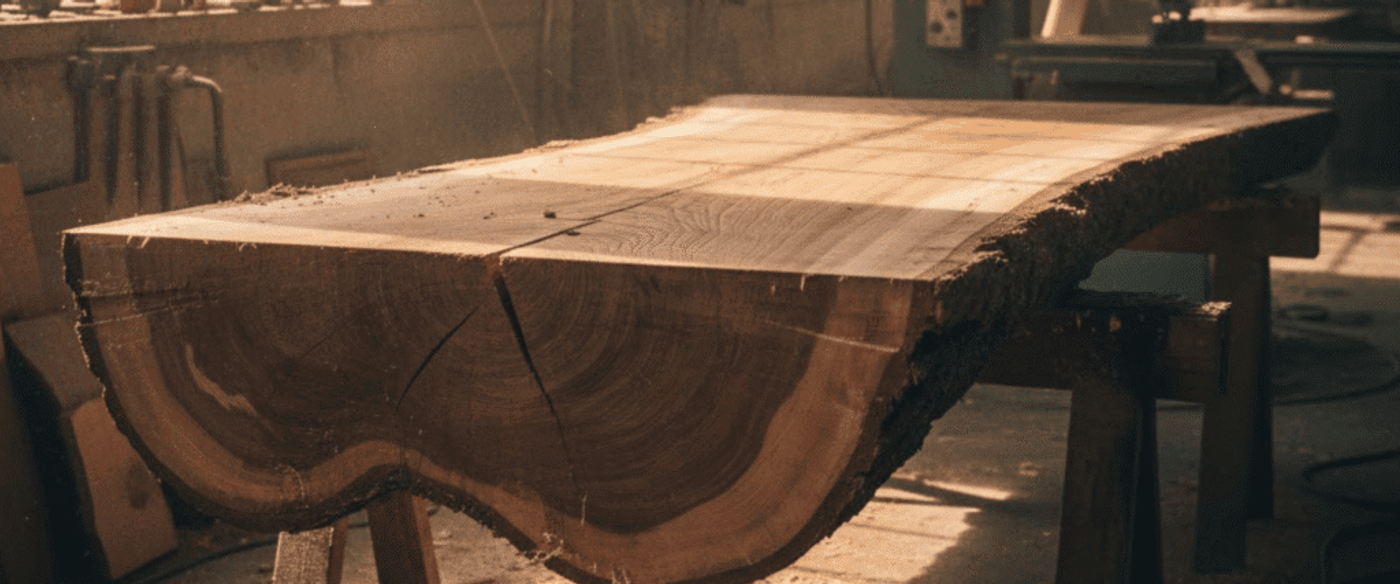 Sunlit woodworking shop with a large live-edge slab on saw horses, sawdust on floor and tools by windows