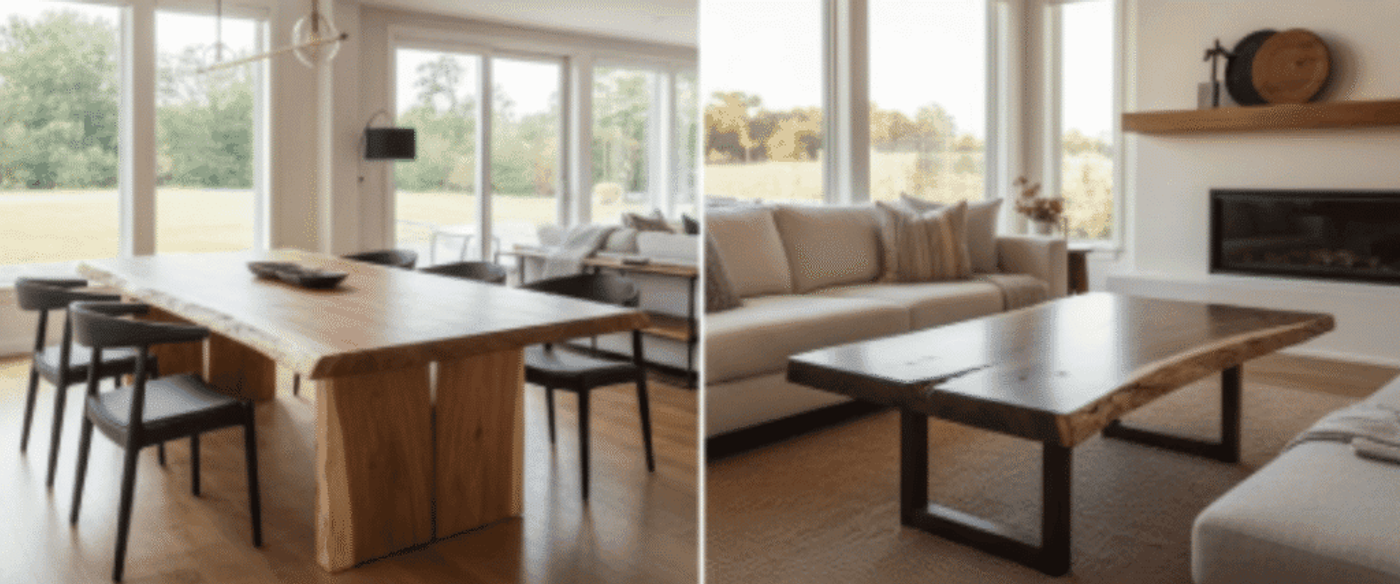 Dining and living area with large windows, live-edge wooden dining table and matching coffee table, neutral sofas and minimalist decor