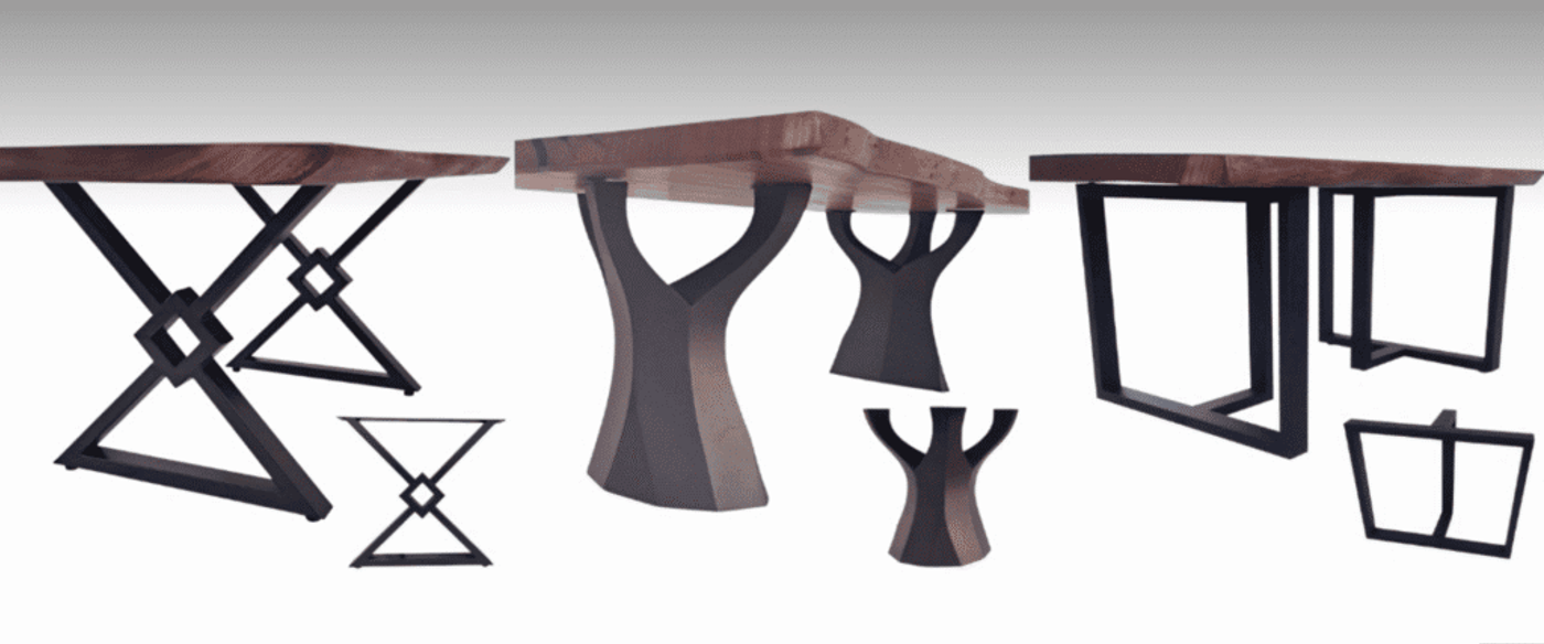 Three wooden tables with unique metal bases: geometric X-frame, sculpted curved support, and minimalist rectangular legs.
