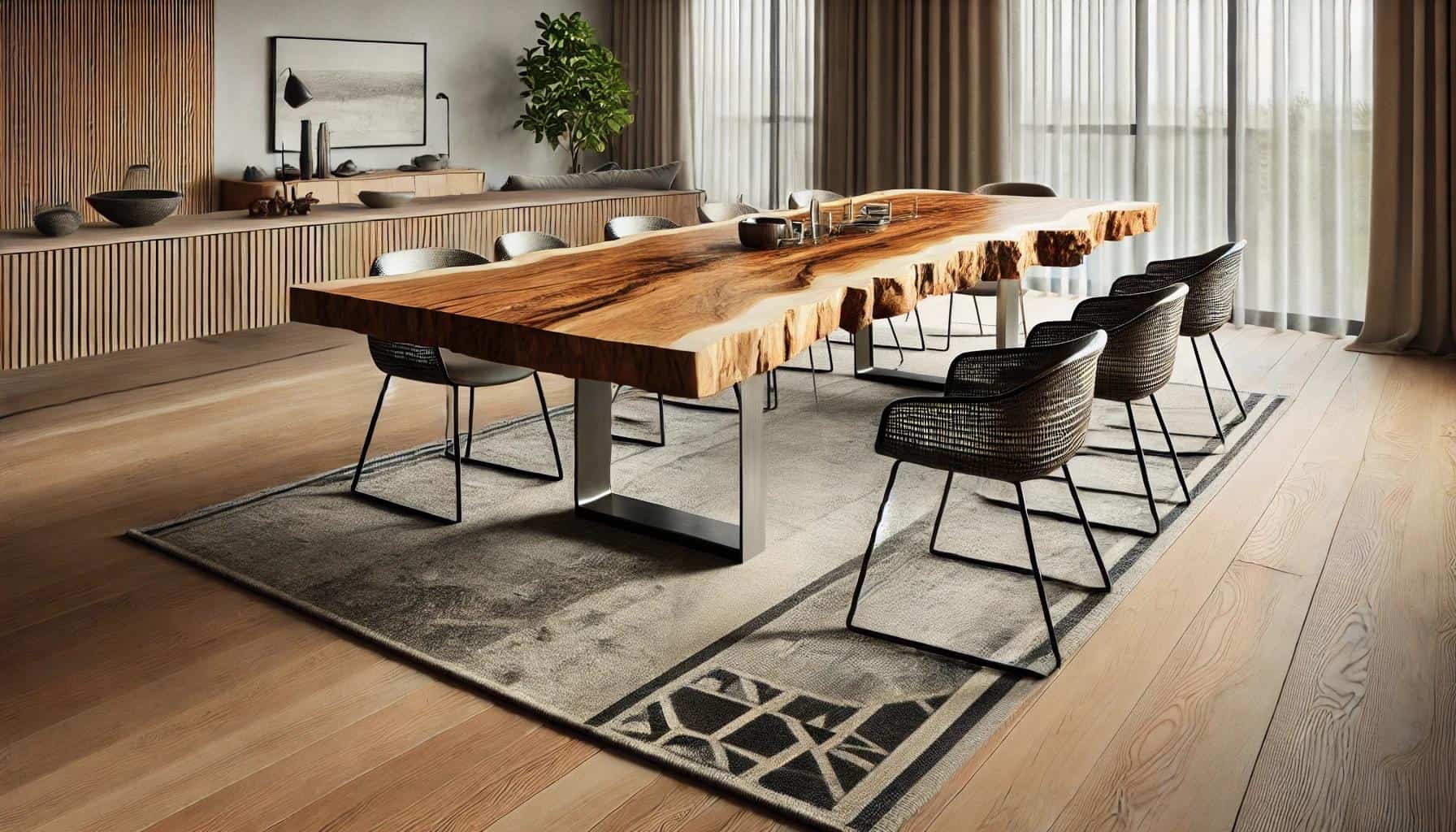 Live edge table with a rug for dining room table