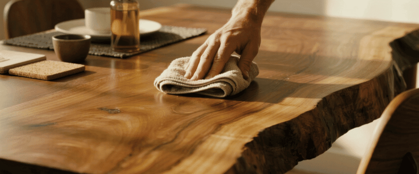 Hand wiping a smooth live-edge wooden table with a cloth beside dishware, soap dispenser, and placemat — warm natural light.