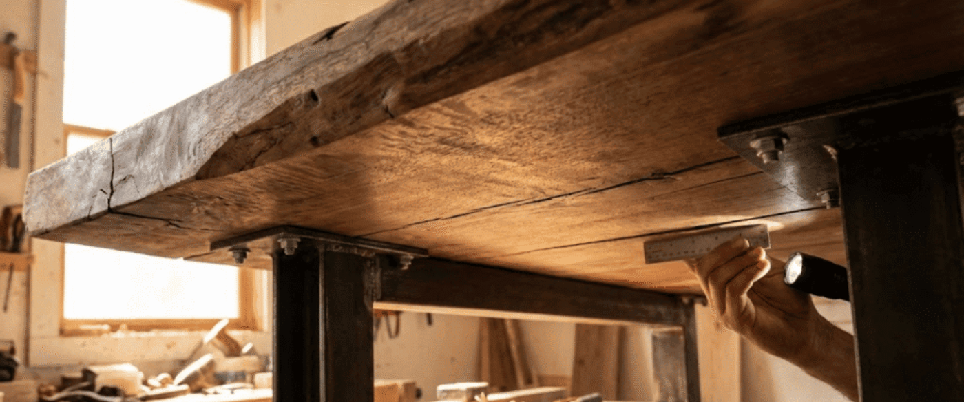 Hand measuring underside of thick reclaimed-wood tabletop with ruler and flashlight in a sunlit woodworking shop