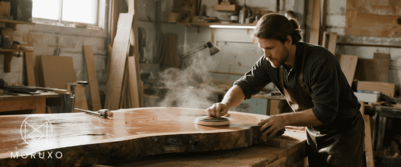 An artisan at MORUXO hand-sanding and oiling a live-edge Guanacaste slab, warm workshop lighting, tools