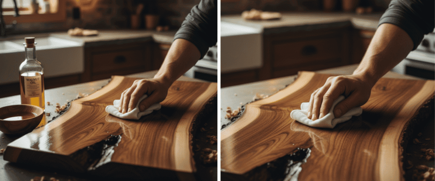 Hand wiping a live-edge wooden board with cloth and walnut oil bottle nearby on a kitchen countertop