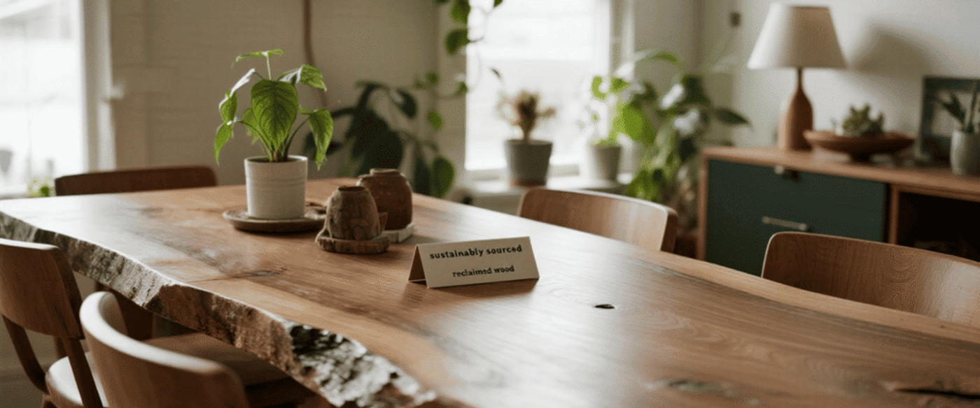 Sunlit dining table of live‑edge reclaimed wood with potted plant, ceramics, chairs, and cozy home decor. Sunlit dining table of live‑edge reclaimed wood with potted plant, ceramics, chairs, and cozy home decor.