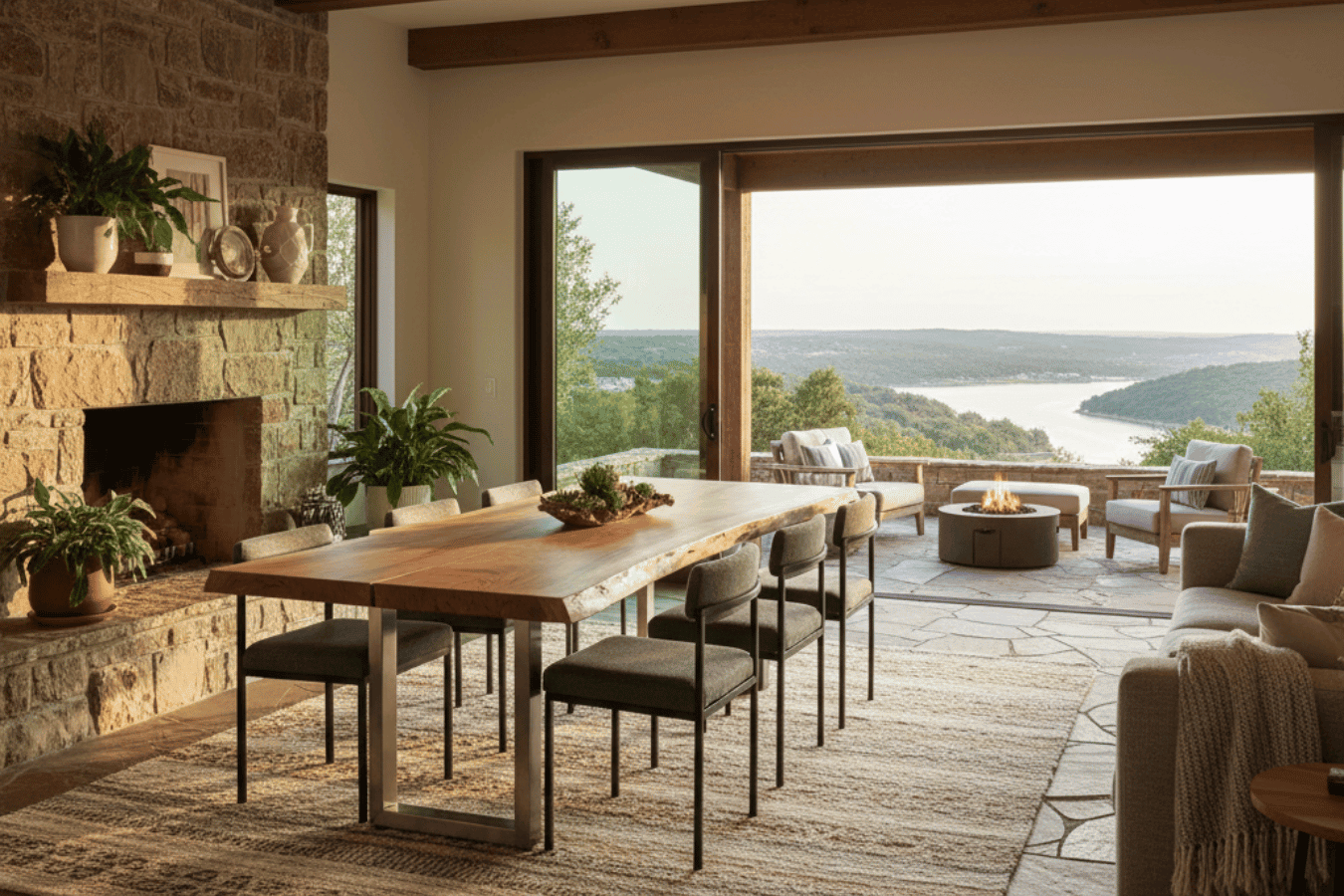 Modern Lake Travis home with a live edge dining table, stone fireplace, and open patio overlooking the lake with cozy outdoor seating