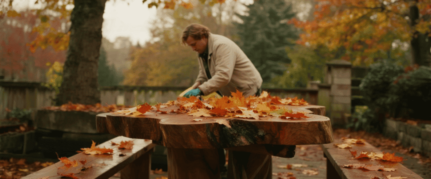 Man cleaning autumn leaves off a wooden outdoor table and benches in a fall-colored garden setting.