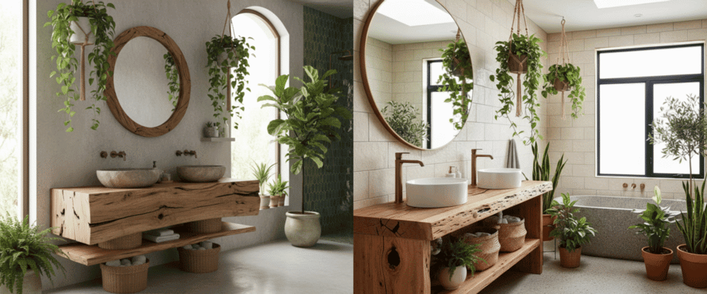 Sunlit modern bathroom with wooden double vanity, round mirror, hanging and potted green plants, freestanding stone tub, and large window.
