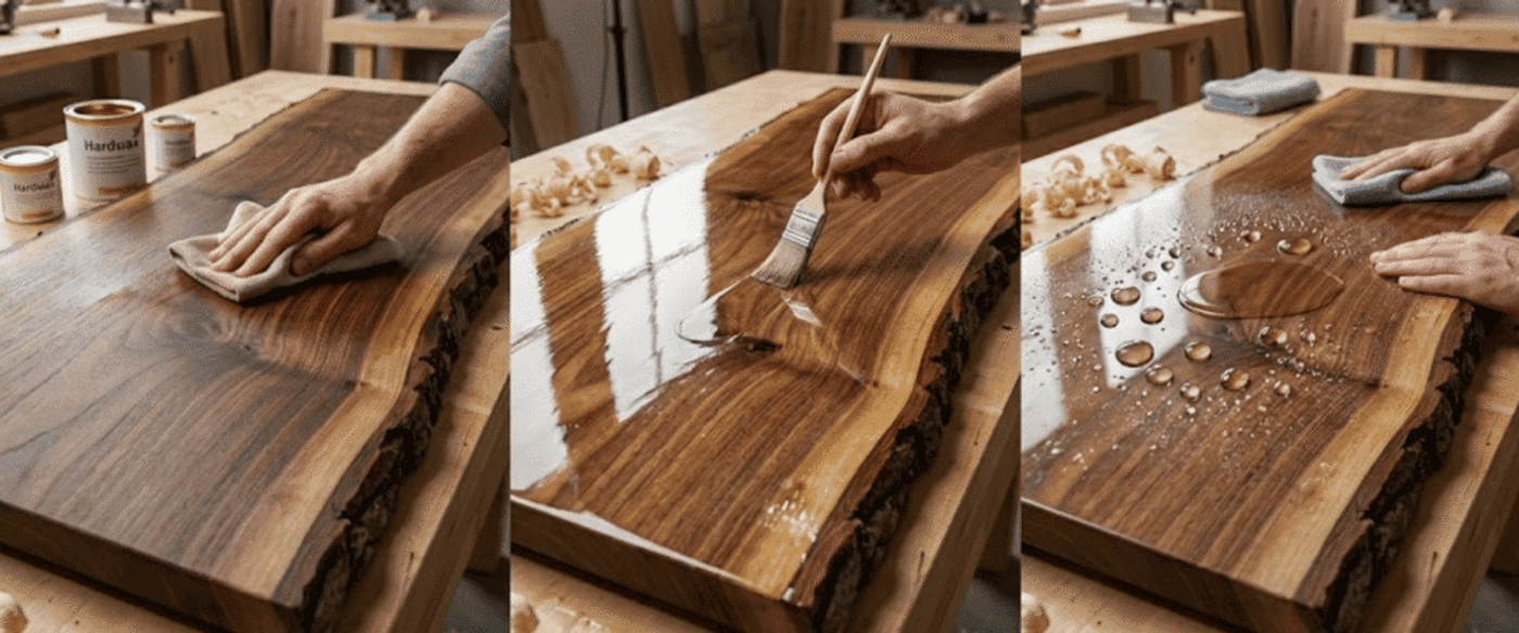 Hand finishing a live-edge walnut slab: sanding, brushing on clear finish, and wiping water beading to show protective sheen