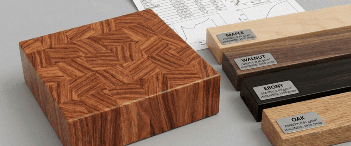 Parquet wood sample block with patterned grain beside labeled wood strips (Maple, Walnut, Ebony, Oak) and technical graphs