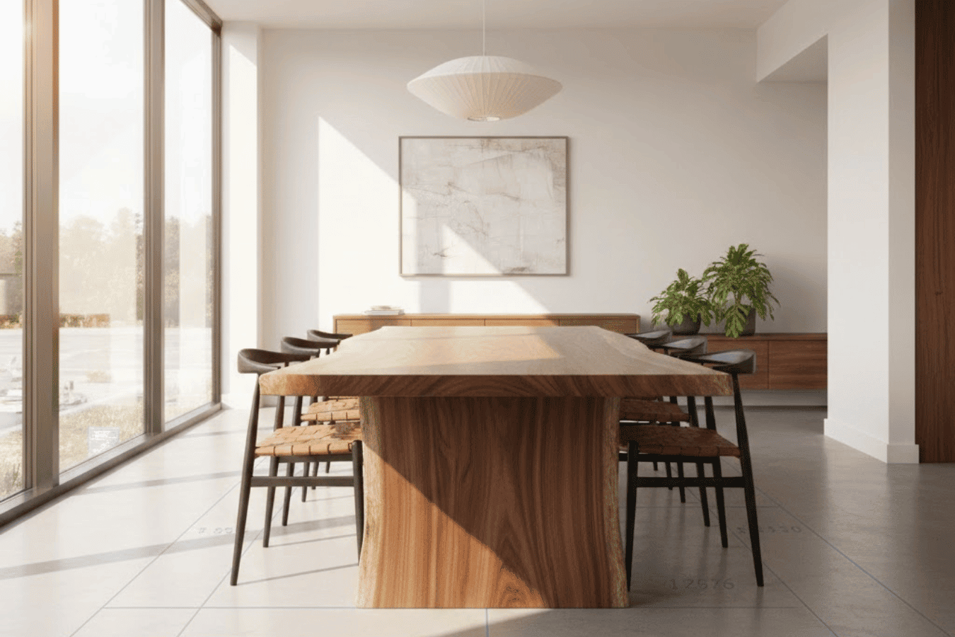 Modern dining room with large wooden table, floor plans, tape measure and pencil beside rolled blueprints near sunlit floor-to-ceiling windows