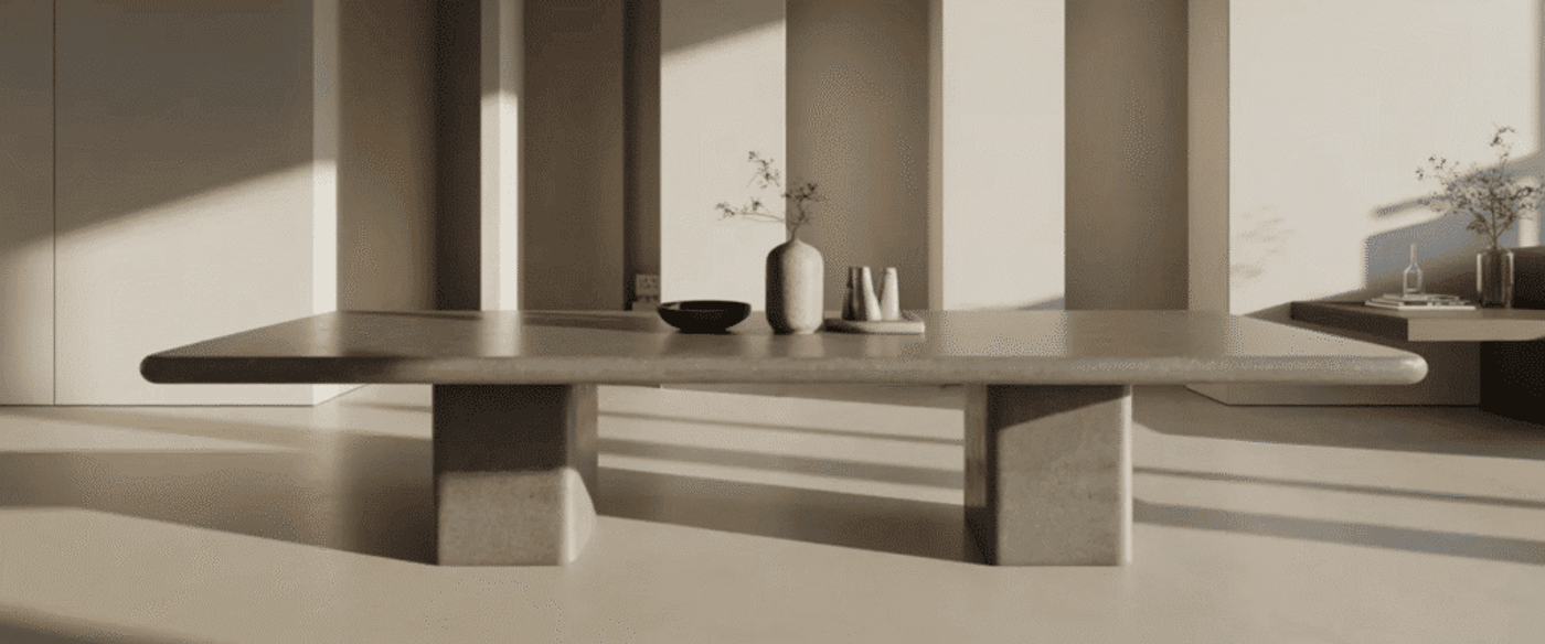 Minimal beige dining space with a long stone table, arched wall niches, soft sunlight, and simple vases and bowls as decor