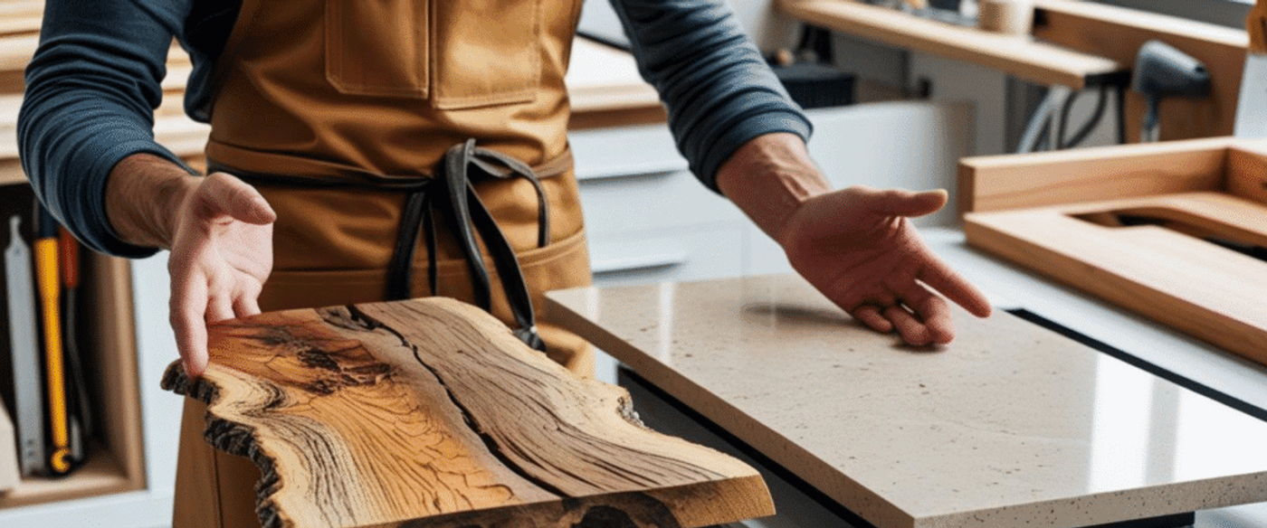 Woodworker comparing a natural wood slab with a polished stone countertop for a custom project.