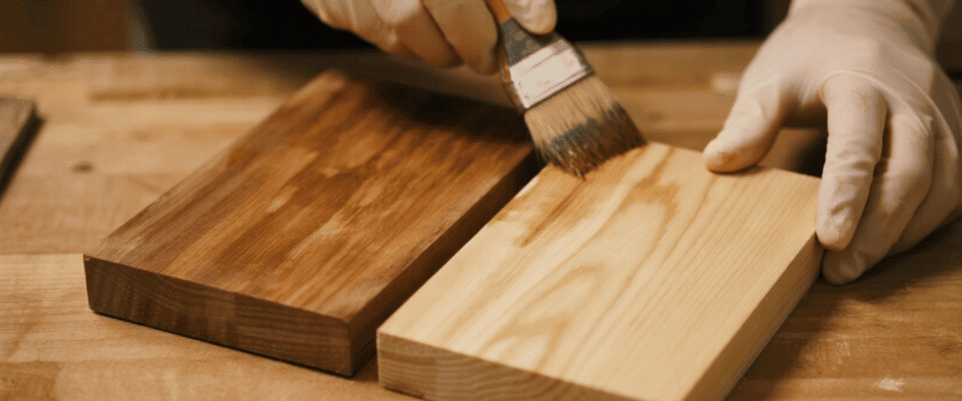 Person wearing gloves brushes wood stain onto two wooden boards, showing before-and-after finish contrast on workbench.