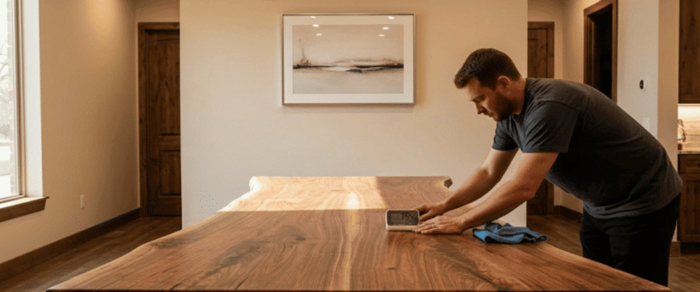 Man adjusting a digital timer on a large live-edge wooden dining table in a sunlit room, with a cloth nearby and artwork on wall