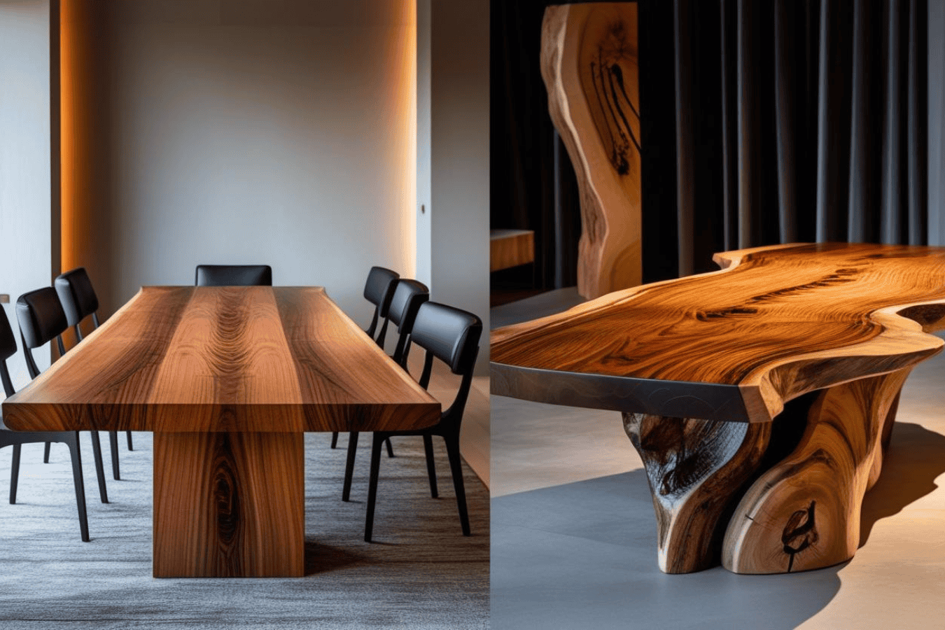 Two wooden dining tables: sleek modern design with chairs on left, artistic natural wood shape on right.