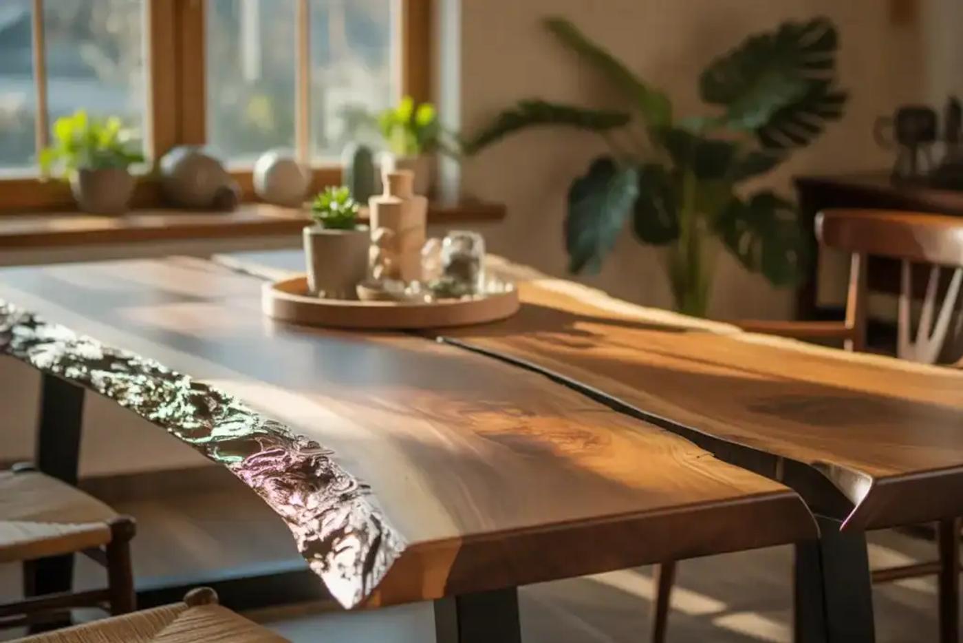 "Wooden dining table with natural live edge design, decorated with small plants and accessories, in a sunlit room."