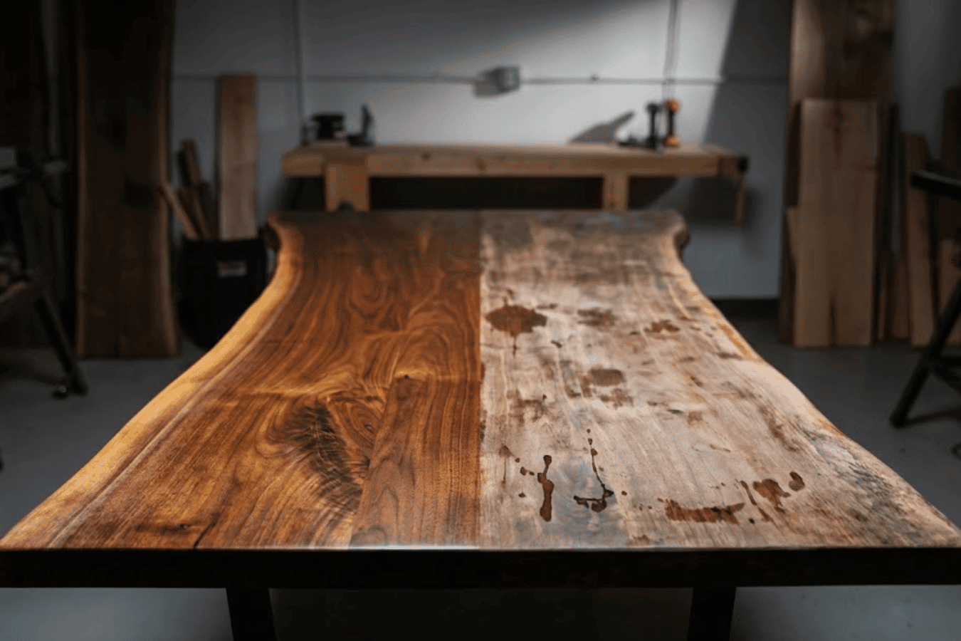 Live-edge walnut tabletop in a workshop, half sanded and stained showing rich grain on left and raw wood with tools in background