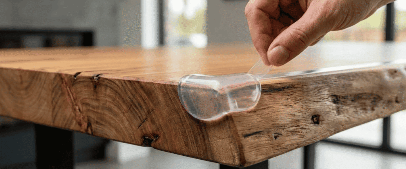 Hand applying a clear adhesive corner bumper to the edge of a thick live-edge wooden table to protect it from bumps