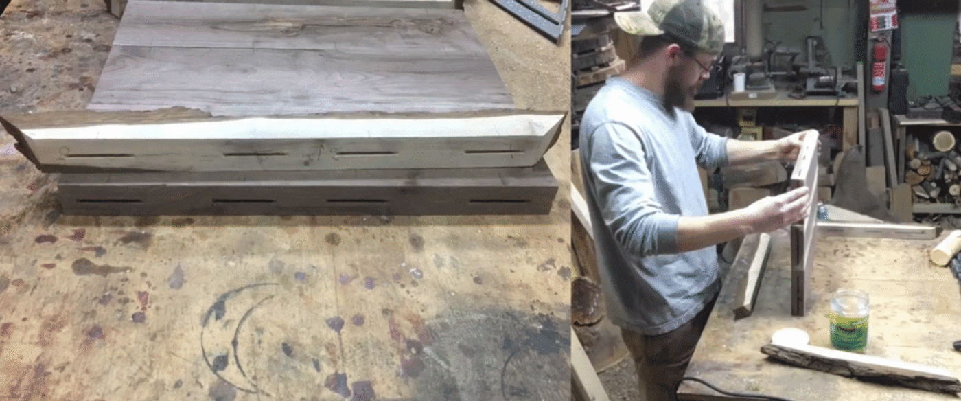 Woodworking process showing joint fitting. Left: two wooden boards with mortise and tenon joints cut. Right: craftsman checking alignment of the joint before assembly.