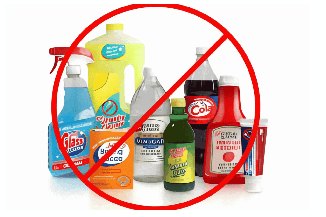 Woman holding assorted household chemicals and soda bottles crossed out by a red prohibition circle, warning to avoid these products.