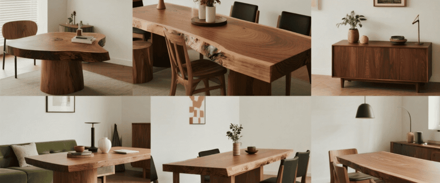 Warm walnut dining and living room set: live-edge wooden tables, matching chairs and sideboard in a minimalist, sunlit interior.