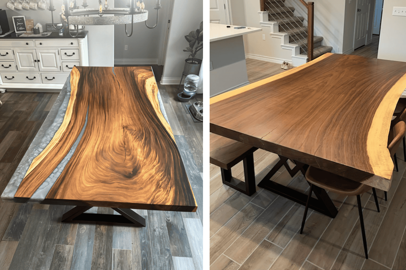Wood slab dining tables with natural live edges, showcasing rich wood grain and sturdy metal legs, placed in modern home settings.