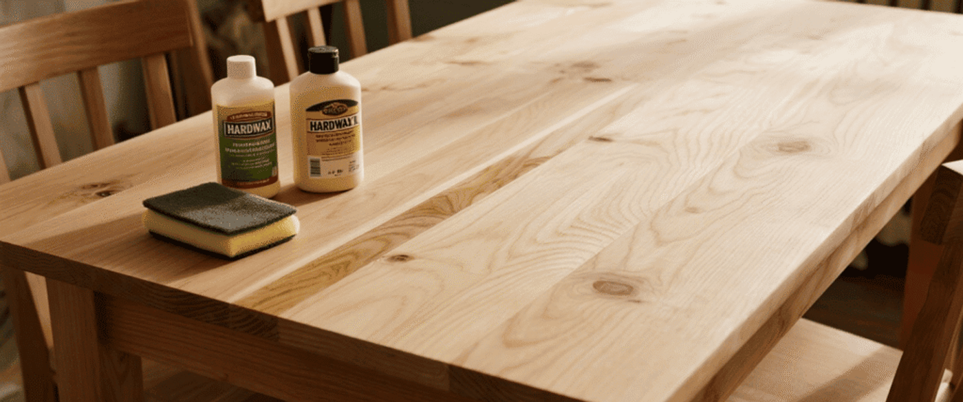 Sanded wooden dining table with two bottles of wood finish and a sponge on top, four matching chairs around it, warm indoor lighting.