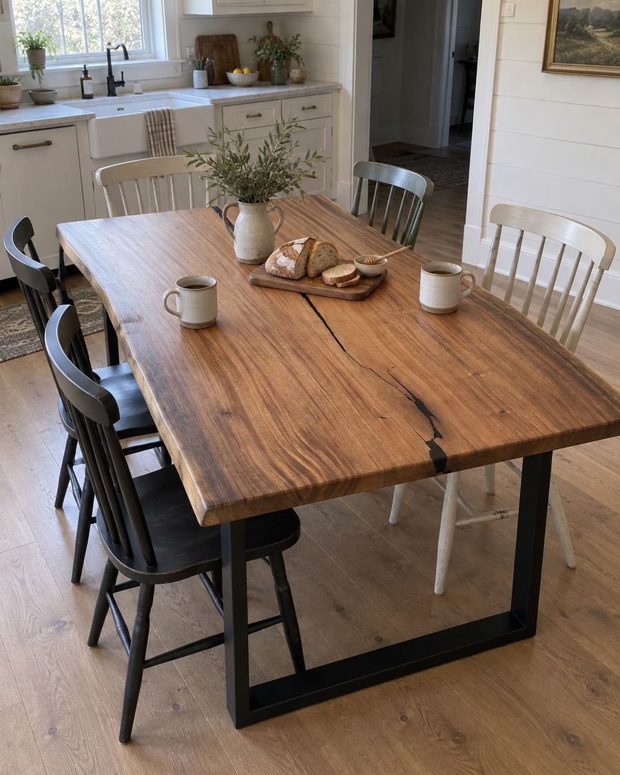 Rendering of the Tatiana Quinta slab as a dining table with Traditional Legs in a modern farmhouse home
