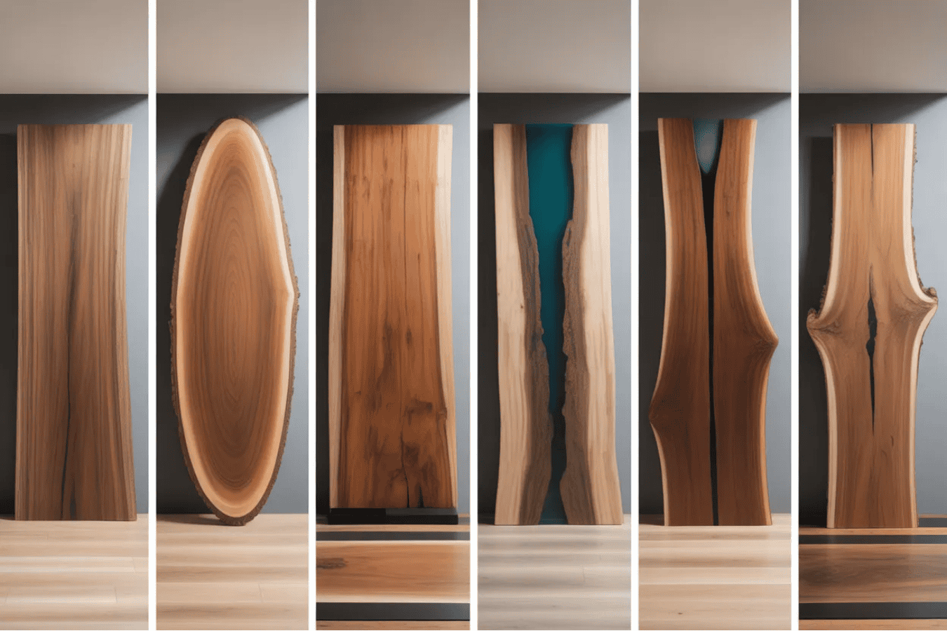 Variety of wooden slabs with natural edges and finishes, some featuring resin inlays, displayed vertically on a floor against a wall.