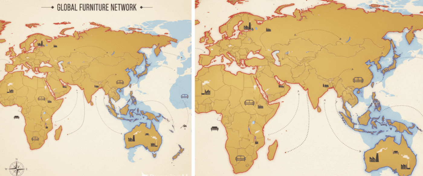 Global Furniture Network" showing furniture factories and trade routes linking