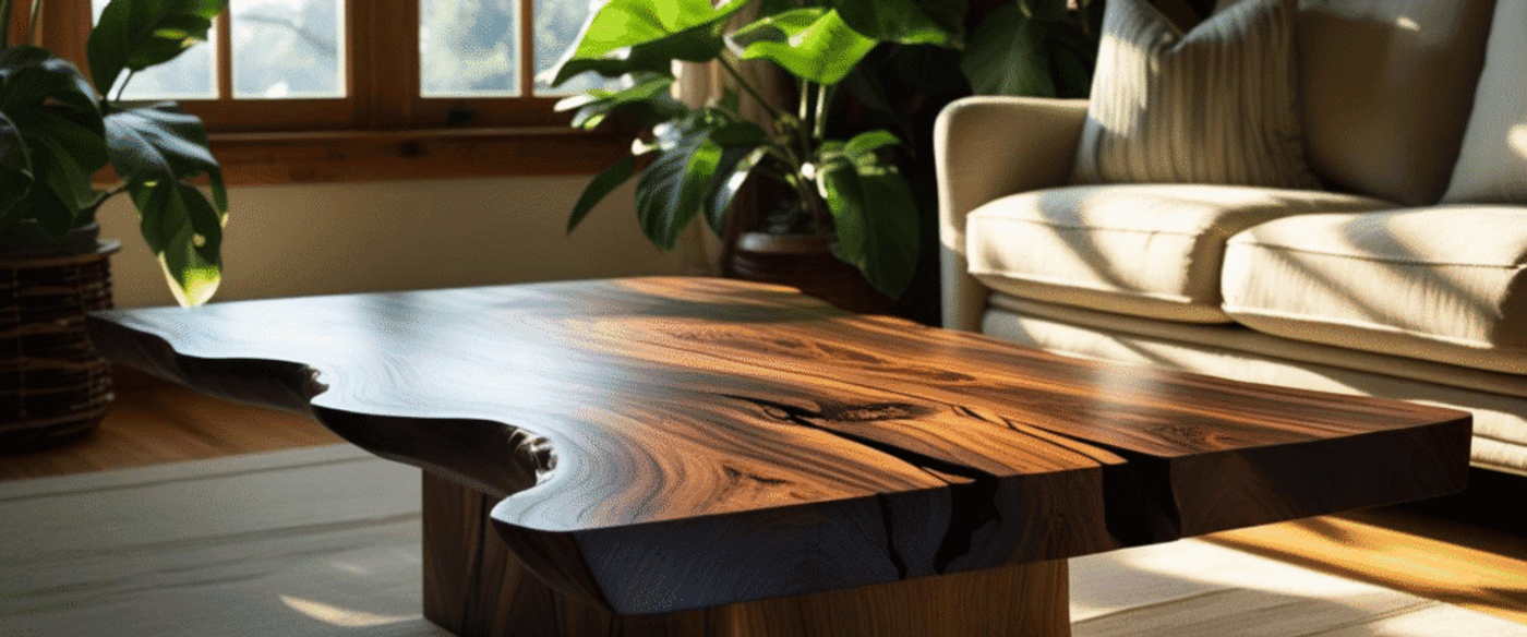 Live edge wooden coffee table with natural grain and cracks, placed in a sunlit living room near plants and a beige sofa.