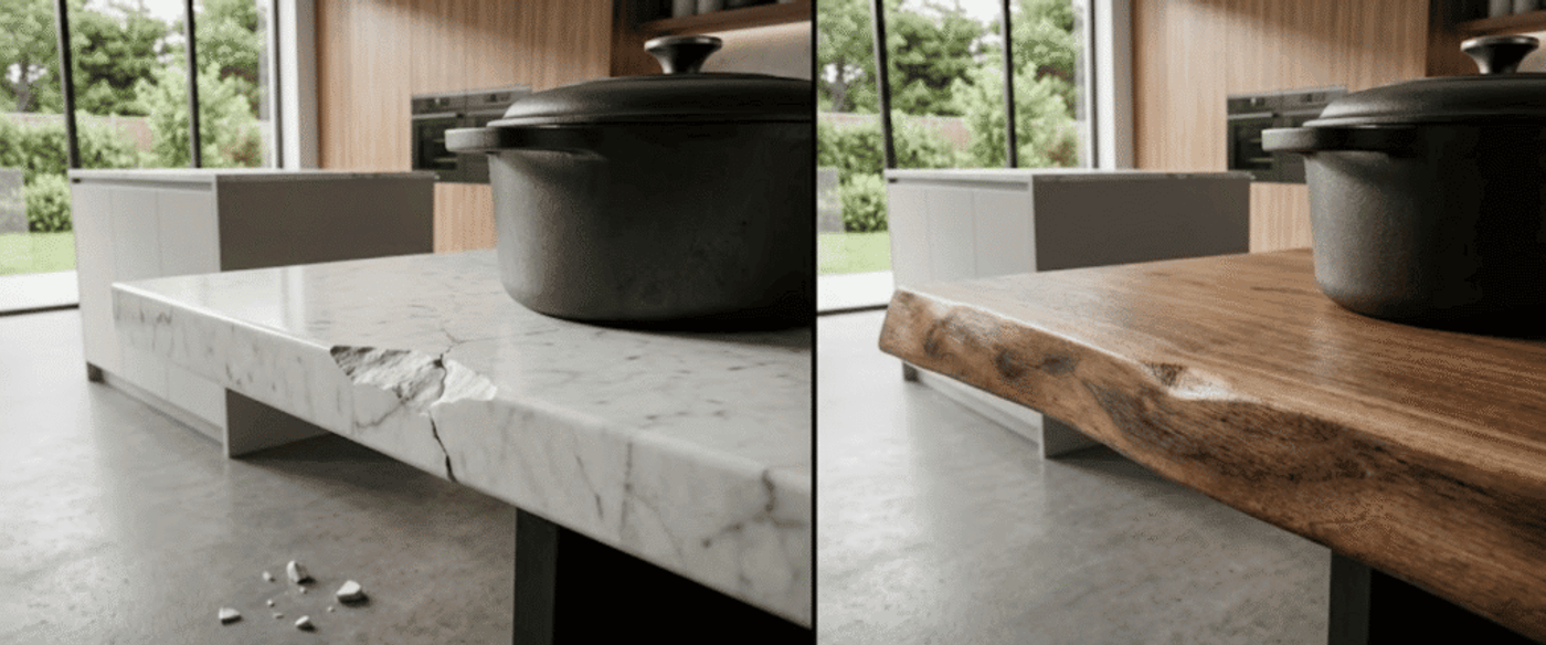 cracked white marble countertop with broken chips on floor; Right: smooth live-edge wooden countertop with cast-iron pot, modern kitchen