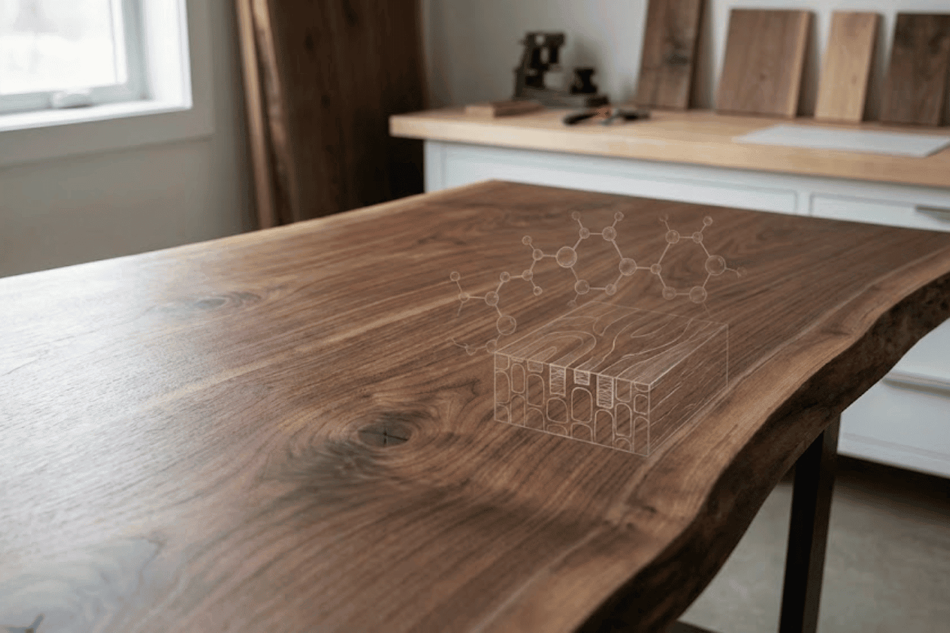 Live-edge walnut table in a bright workshop with tools and wood samples on a counter, showing wood grain and knot details