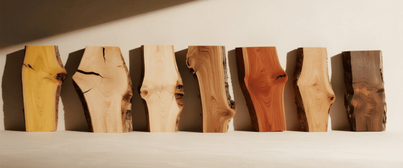 Seven vertical wood slabs of varying grain and color, lined against a light wall, warm sunlight casting soft shadows.