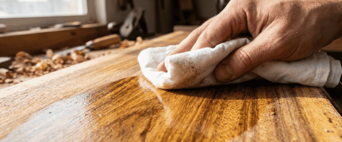 Hand wiping freshly finished wooden tabletop with cloth in a workshop, highlighting grain and wet wood finish, close-up
