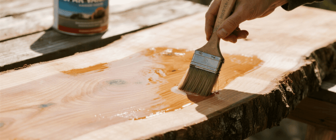 Hand applying wood varnish with brush on natural wooden plank to protect and enhance its surface and grain texture.