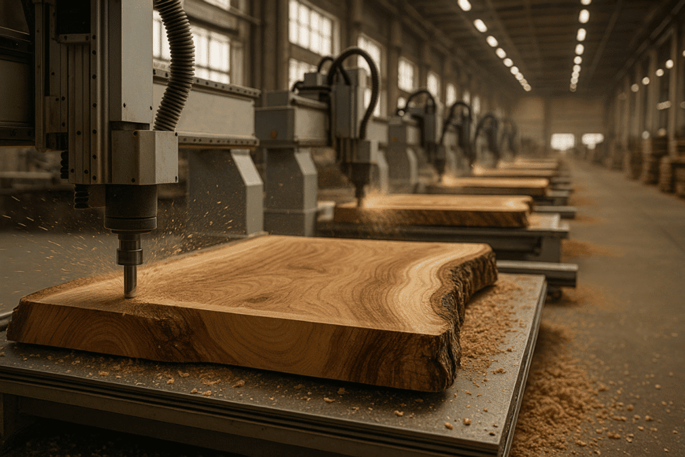 Automated CNC machines carving wooden slabs in a large workshop.