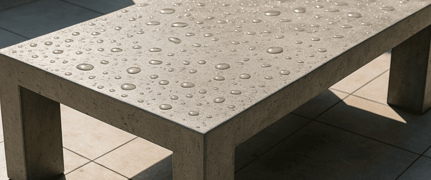 Concrete patio table with scattered water droplets, casting sharp sunlight and shadow on tiled outdoor courtyard surface