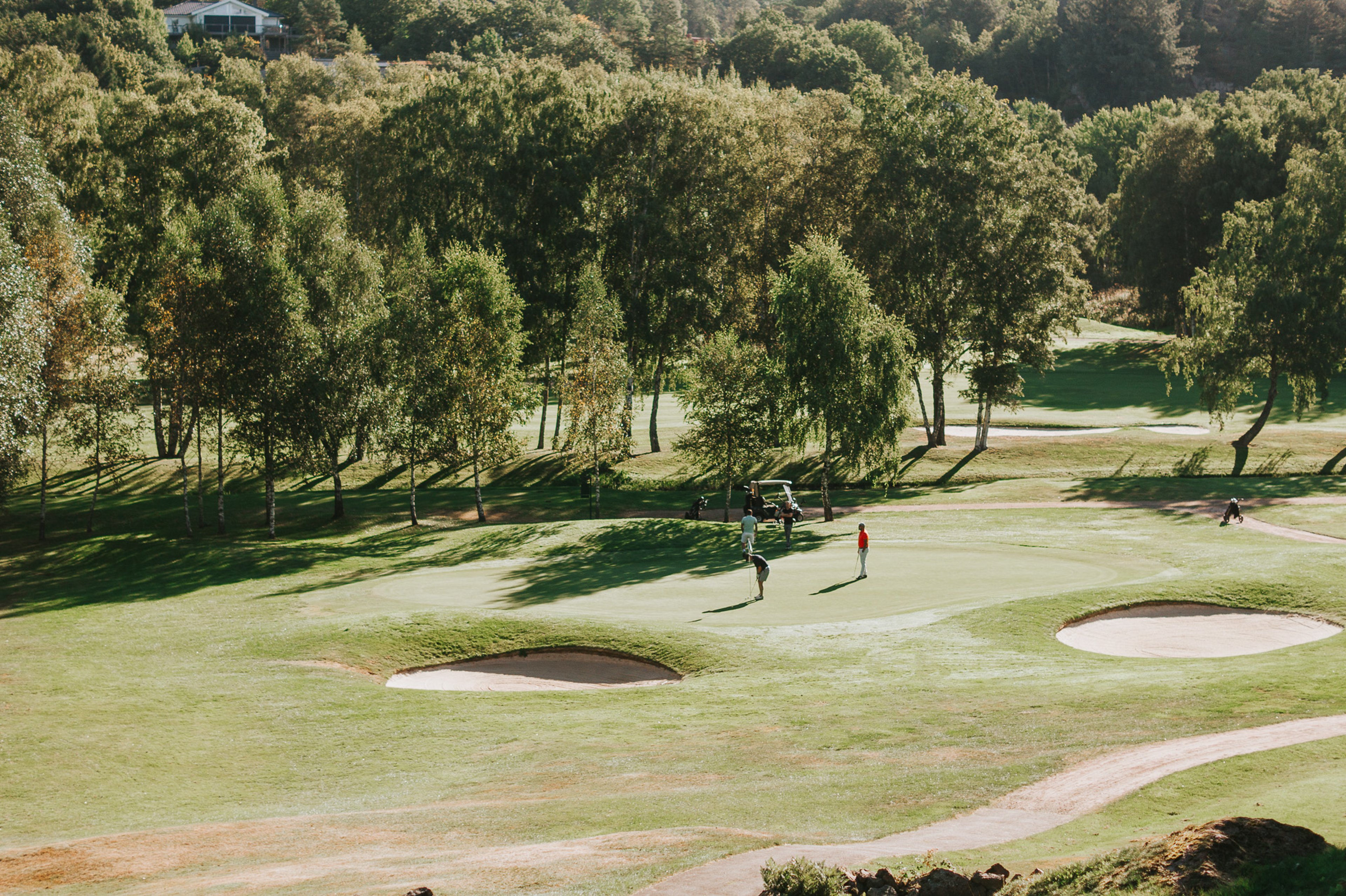 En man mitt i ett bunkerslag på en golfbana, med hotellet Sankt Jörgen Park i bakgrunden