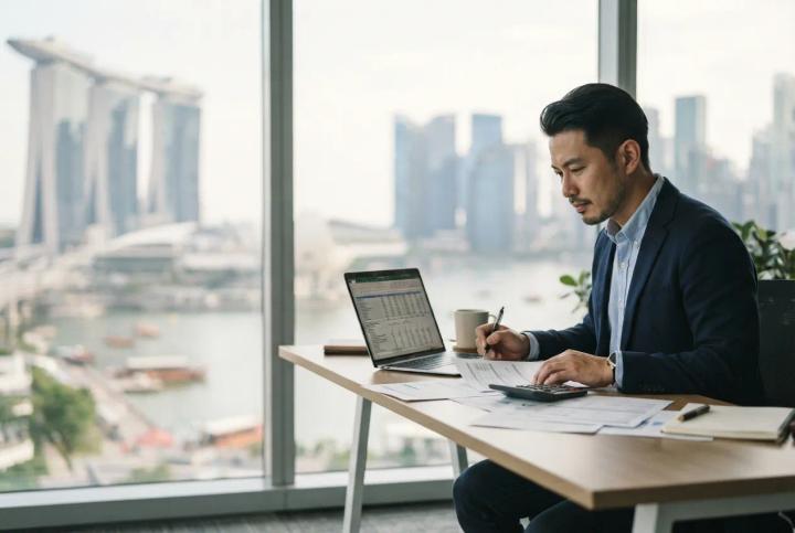 Professional reviewing tax documents at a Singapore office desk with the Marina Bay skyline behind