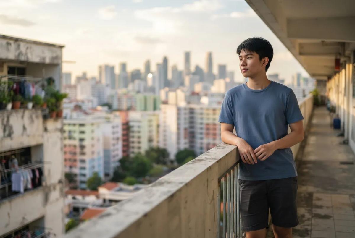 年轻男子站在HDB走廊上眺望新加坡城市天际线