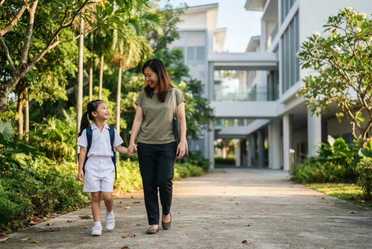 PR父母的新加坡公民孩子步行前往小学校园