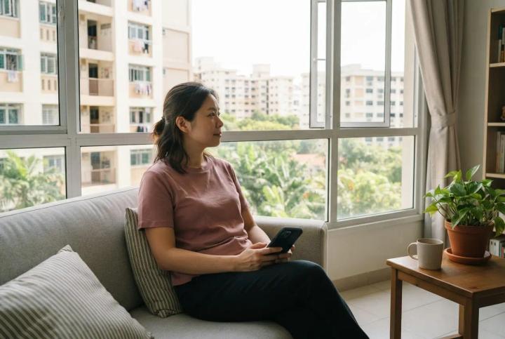 A woman sitting on a sofa by the window of a Singapore flat, holding her phone in her lap and looking out at the neighbouring residential blocks.