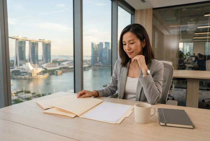A woman at a high-floor Singapore office desk considering several plain folders spread out in front of her, with the Marina Bay skyline through the window behind.
