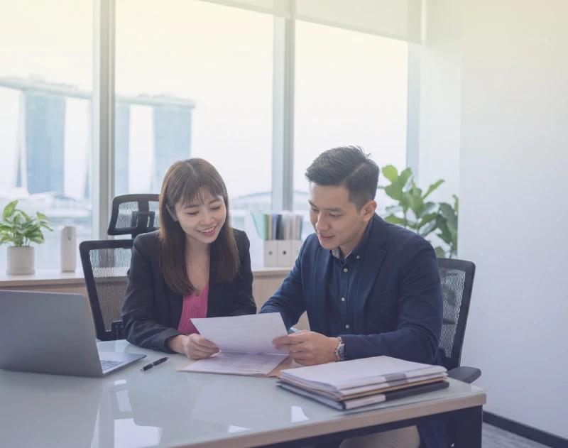 Immigration consultants reviewing documents during a consultation session in Singapore