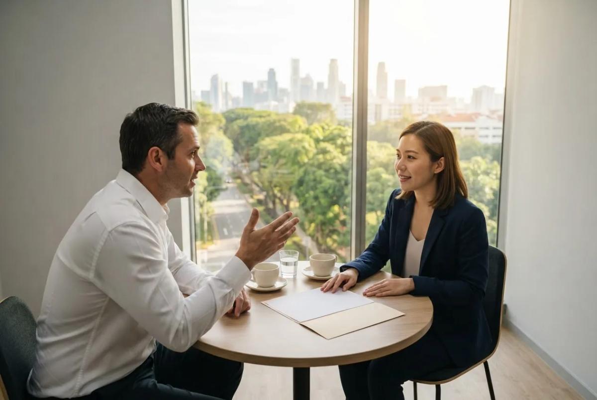 Two colleagues at a small meeting table in a Singapore office talking through a plain folder of blank papers, one of them gesturing as he explains.