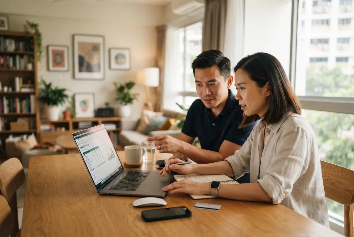 Couple at home reviewing taxable income and foreign-sourced income on a laptop in Singapore